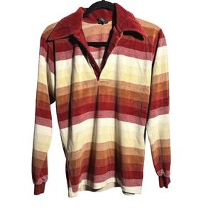 VTG 70s Campus Striped Velour Polo Sweater Top Red Orange Yellow Disco Mod Men S